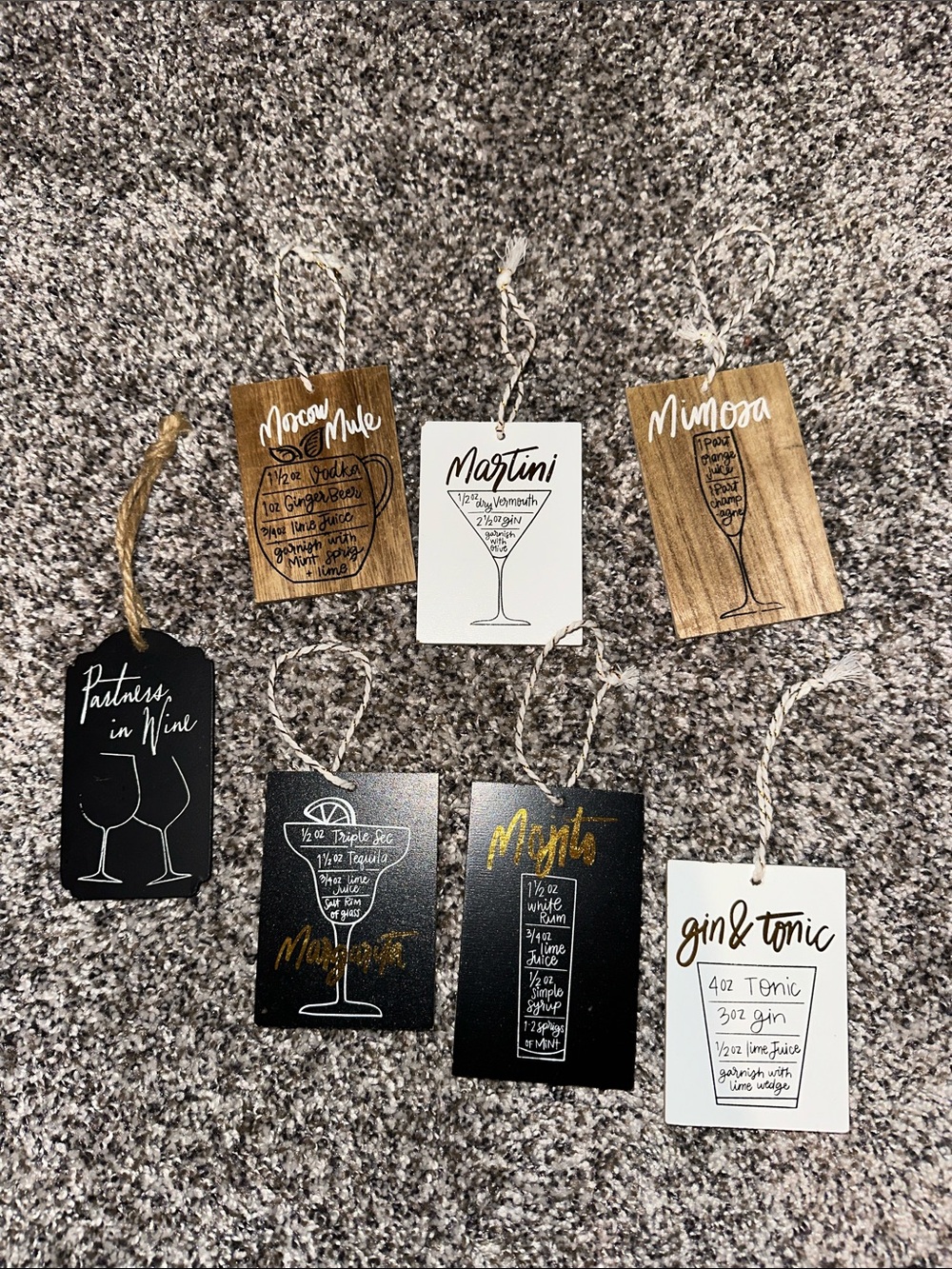 Cocktail Recipe Gift Tags or Little Ornament- Black, White & Wood-Tone Party Set
